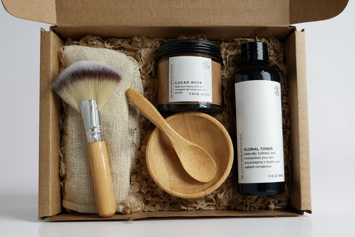 Cosmetic set with brush, jar, bowl, and bottles in a box on a white background