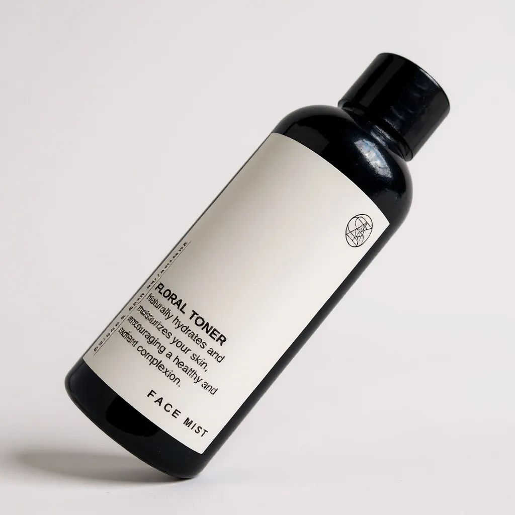 Bottle of floral toner with a label on a light gray background
