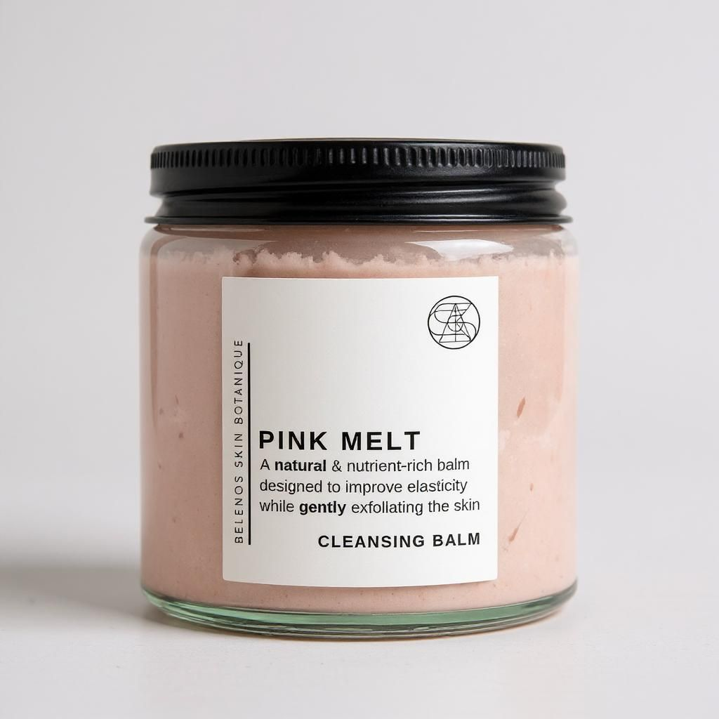 Jar of 'Pink Melt' cleansing balm with a label on a light gray background