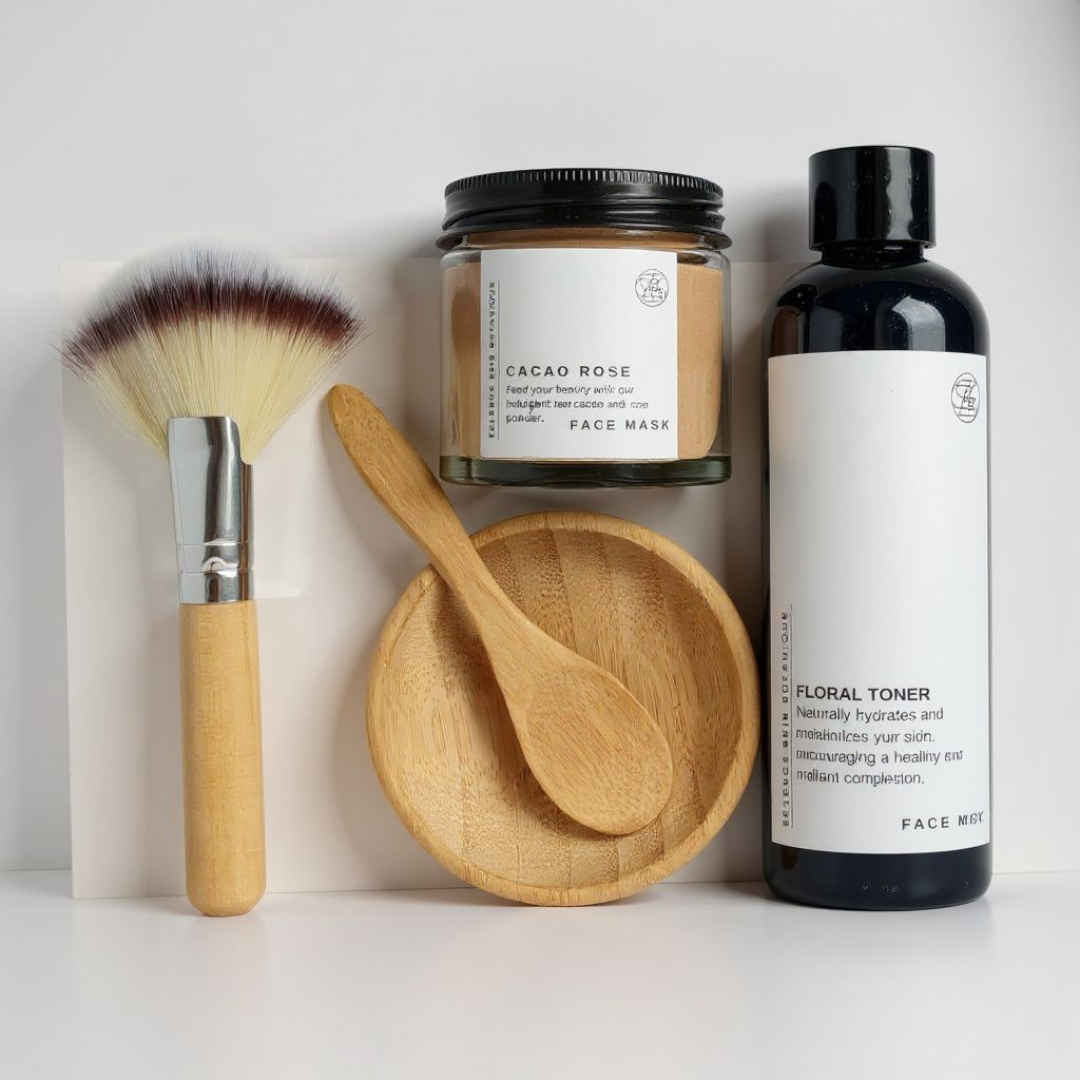 Cosmetic products including a brush, jar, and bottle on a white background